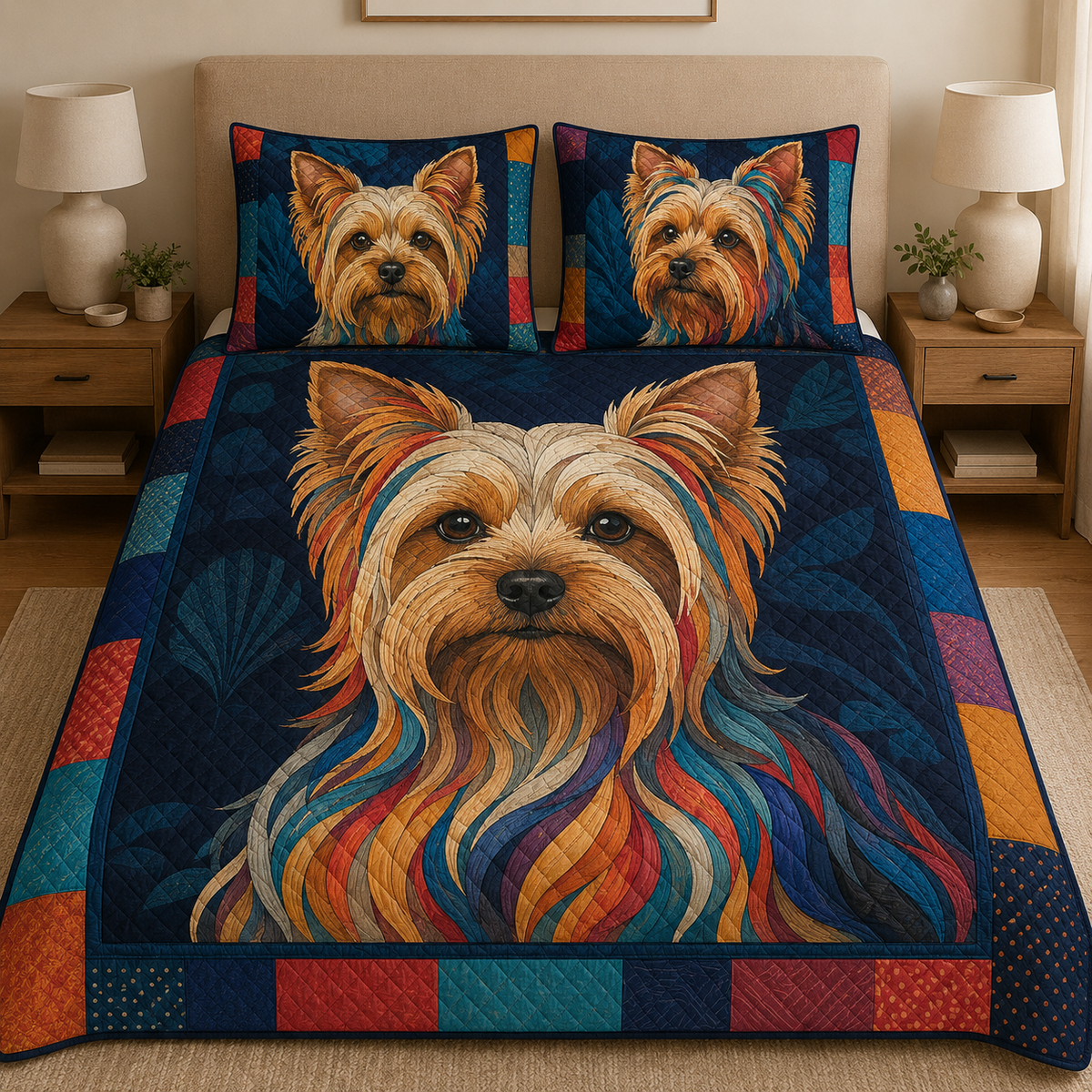 Yorkshire Terrier Quilt Bedding Set, Yorkie Dog Bedspread, Colorful Pet Lover Bedroom Decor