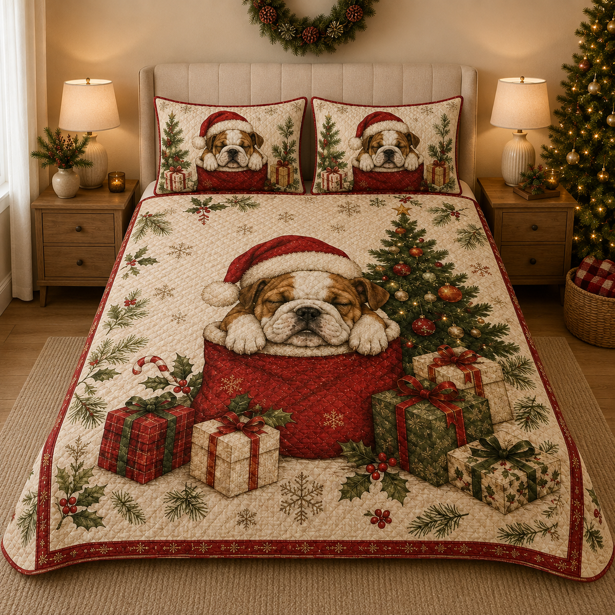 Bulldog Christmas Quilt Set