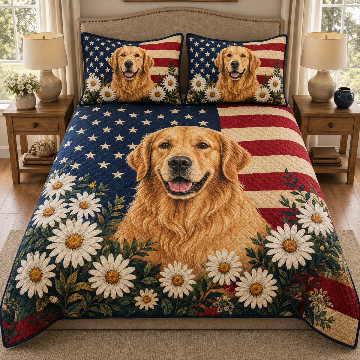 Patriotic Golden Retriever Floral Quilt Set