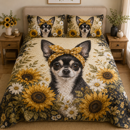 Sunflower Chihuahua Floral Dog Quilt Set