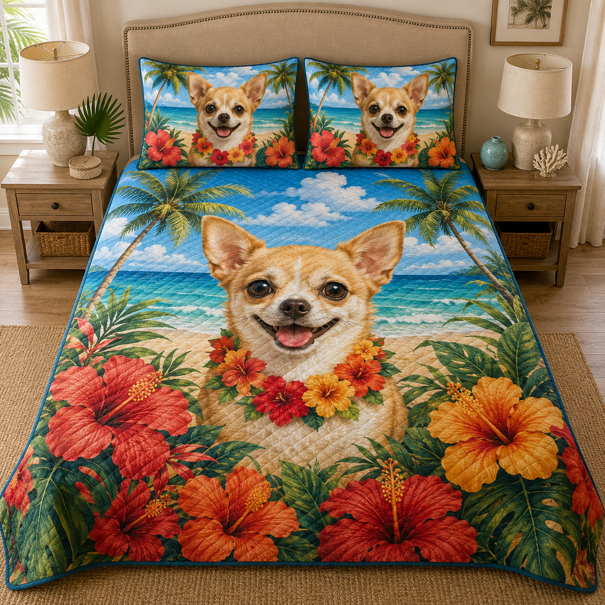 Tropical Chihuahua Hibiscus Beach Quilt Set