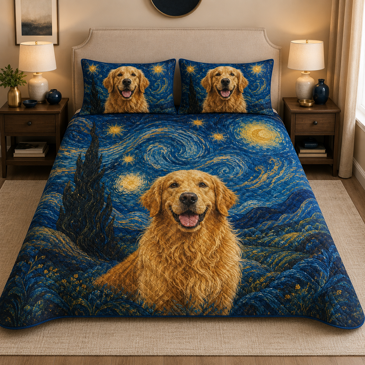 Golden Retriever Starry Night Quilt Set