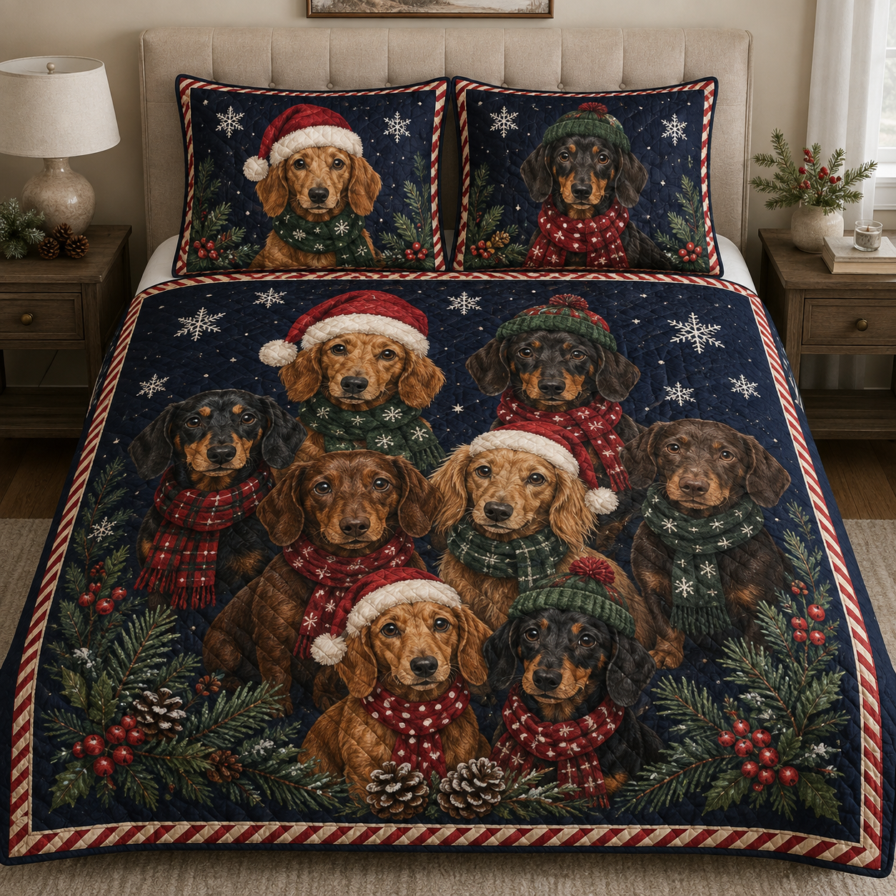 Dachshund Christmas Quilt Bedding Set, Wiener Dog Holiday Bedspread, Christmas Puppy Winter Bedroom Decor