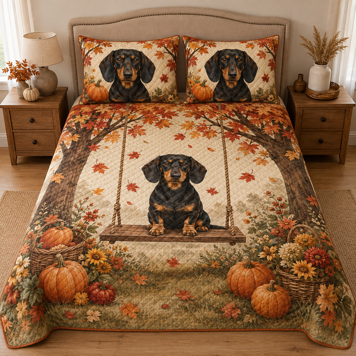 Dachshund Fall Quilt Set, Autumn Pumpkin Dog