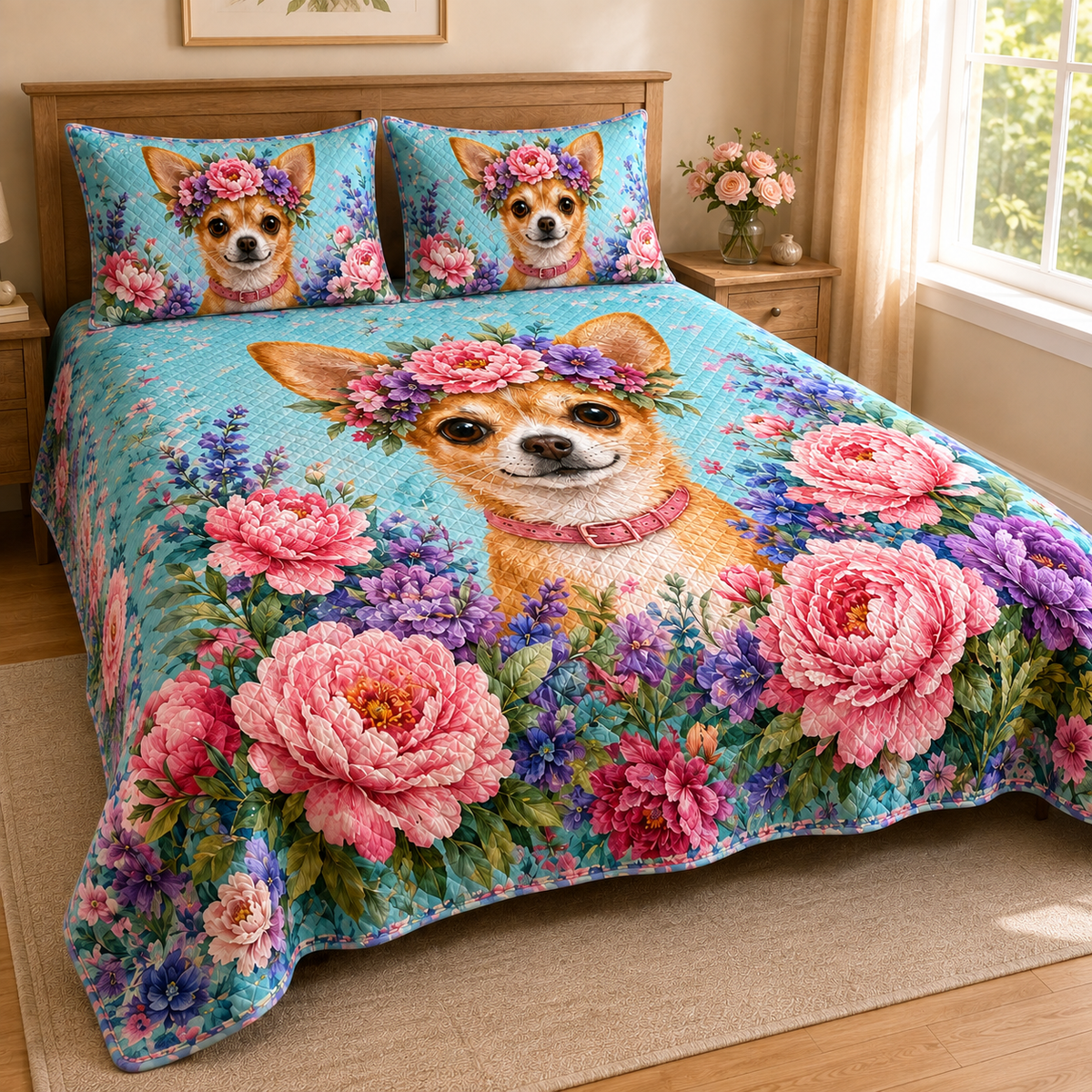 Floral Chihuahua Peony Garden Quilt Set