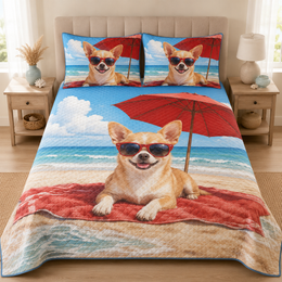 Summer Chihuahua Beach Vacation Quilt Set