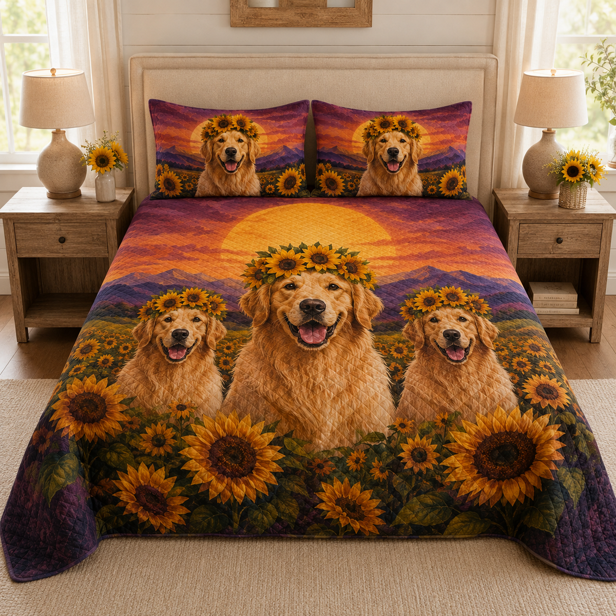 Golden Retriever Sunflower Quilt Set