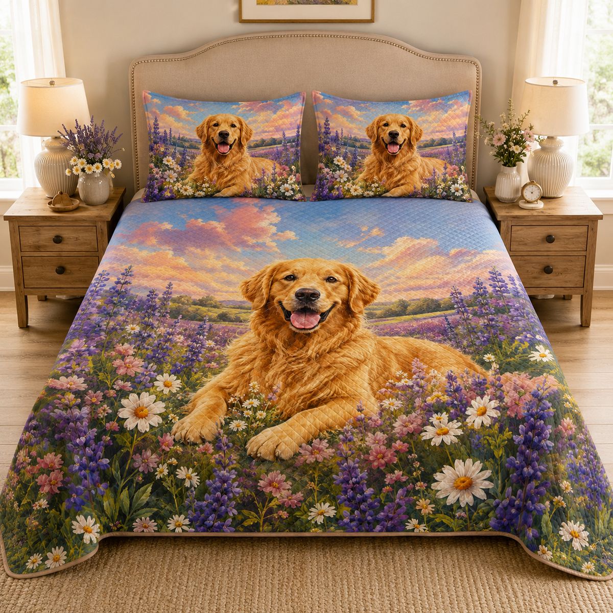 Golden Retriever Floral Quilt Set