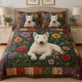 Bull Terrier Quilt Bedding Set, White Dog Floral Bedspread, Colorful Flower Dog Quilt Set with 2 Pillow Shams