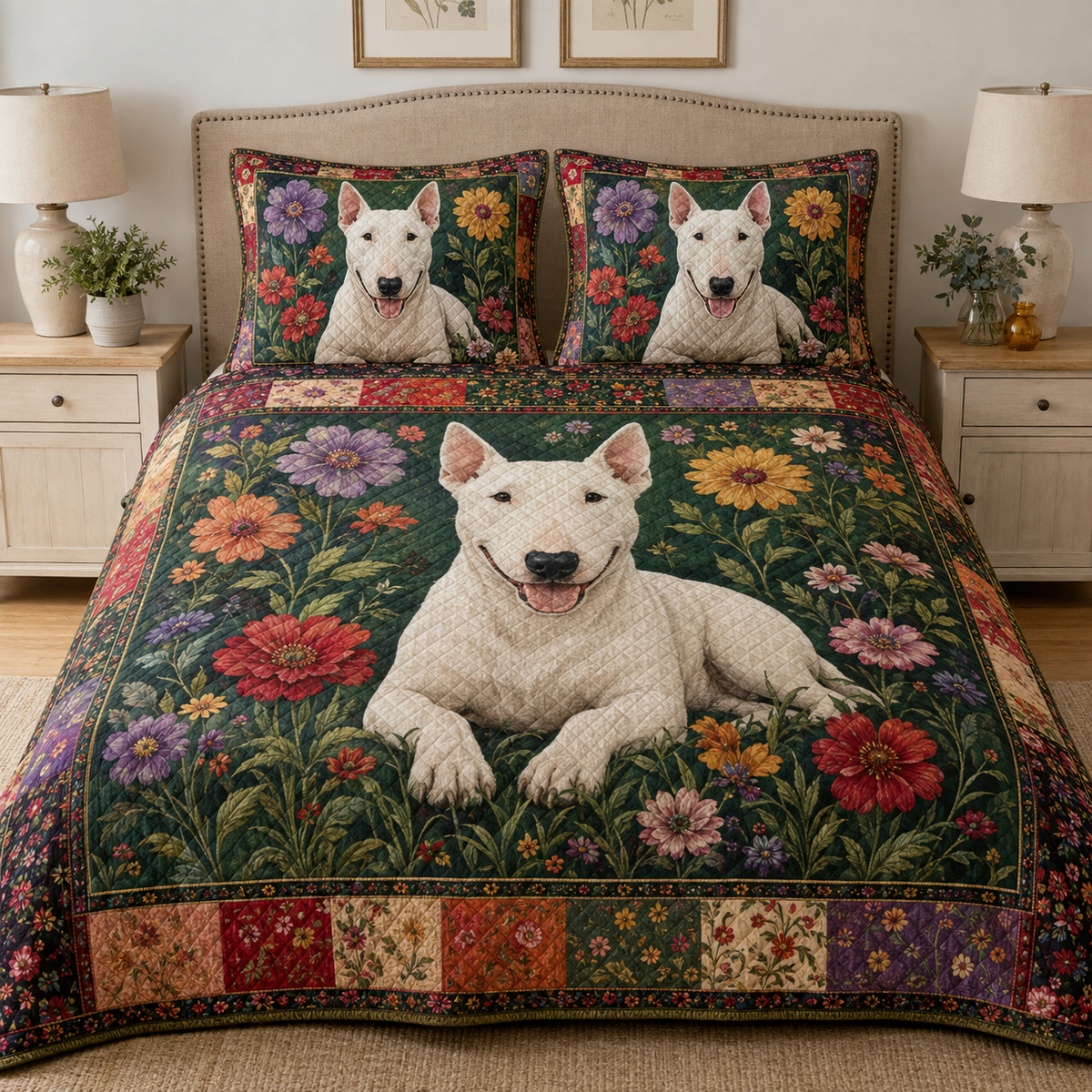 Bull Terrier Quilt Bedding Set, White Dog Floral Bedspread, Colorful Flower Dog Quilt Set with 2 Pillow Shams