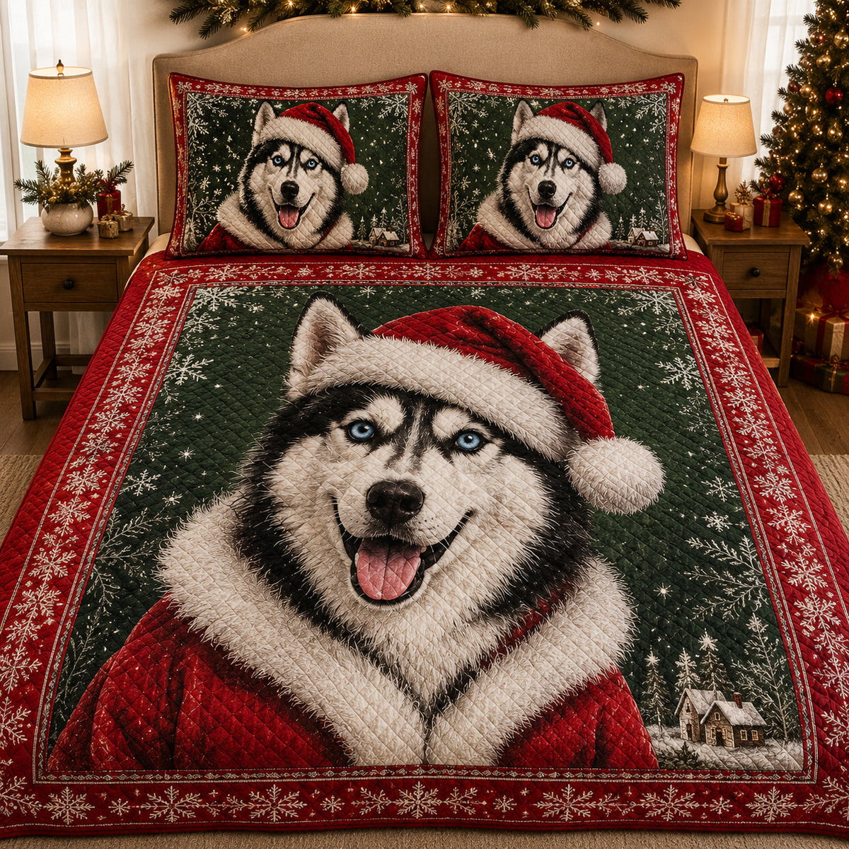 Siberian Husky Santa Christmas Quilt Set: close view of the quilt artwork showing Siberian Husky Santa Christmas