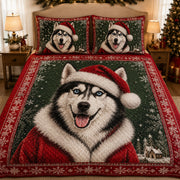 Siberian Husky Santa Christmas Quilt Set: close view of the quilt artwork showing Siberian Husky Santa Christmas