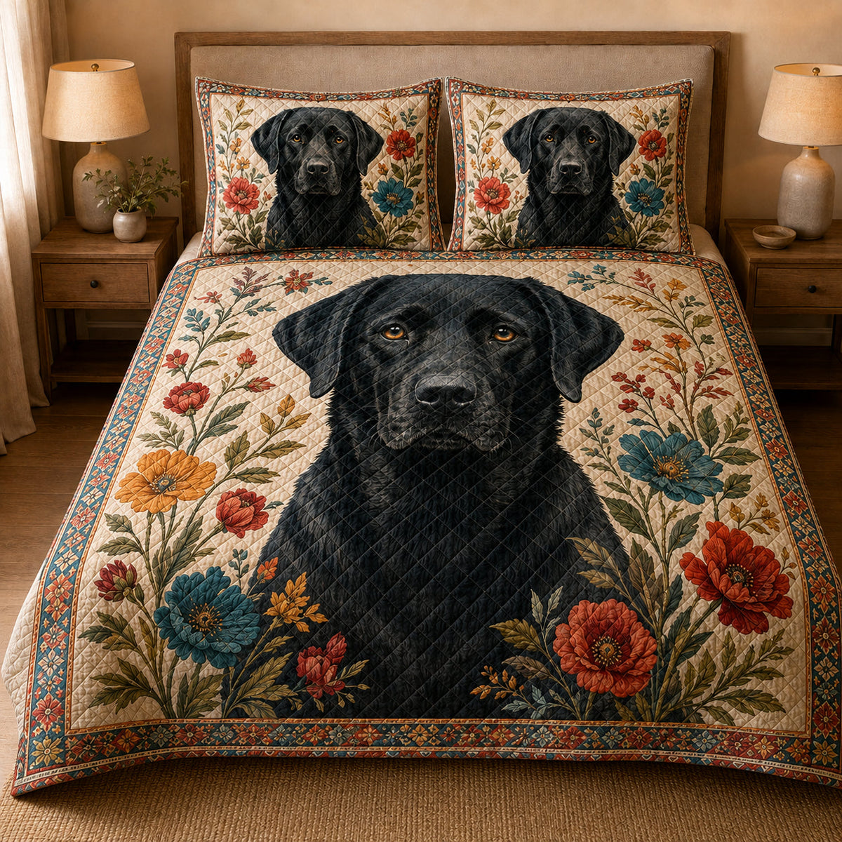 Black Labrador Floral Quilt Set: close view of the quilt artwork showing Black Labrador Floral