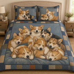 Corgi Quilt Bedding Set, Pembroke Welsh Corgi Dog Bedspread, Cozy Sleeping Puppy Bedroom Decor
