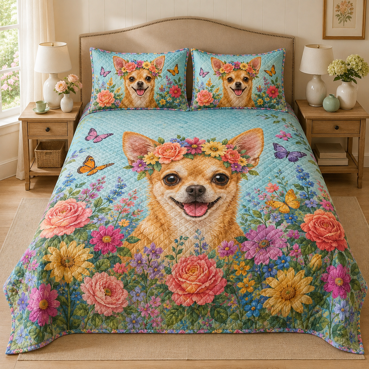 Floral Chihuahua Butterfly Garden Quilt Set
