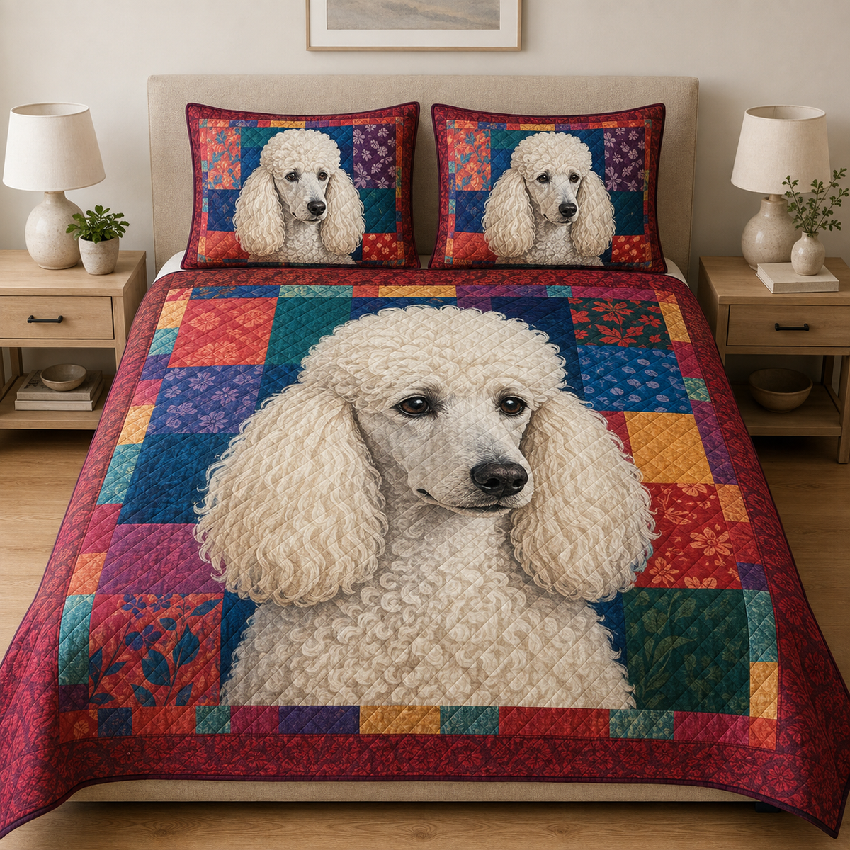 White Poodle Quilt Bedding Set, Colorful Dog Bedspread, Standard Poodle Quilt Set with 2 Pillow Shams