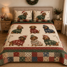 Dachshund Christmas Quilt Set, Festive Sausage Dog