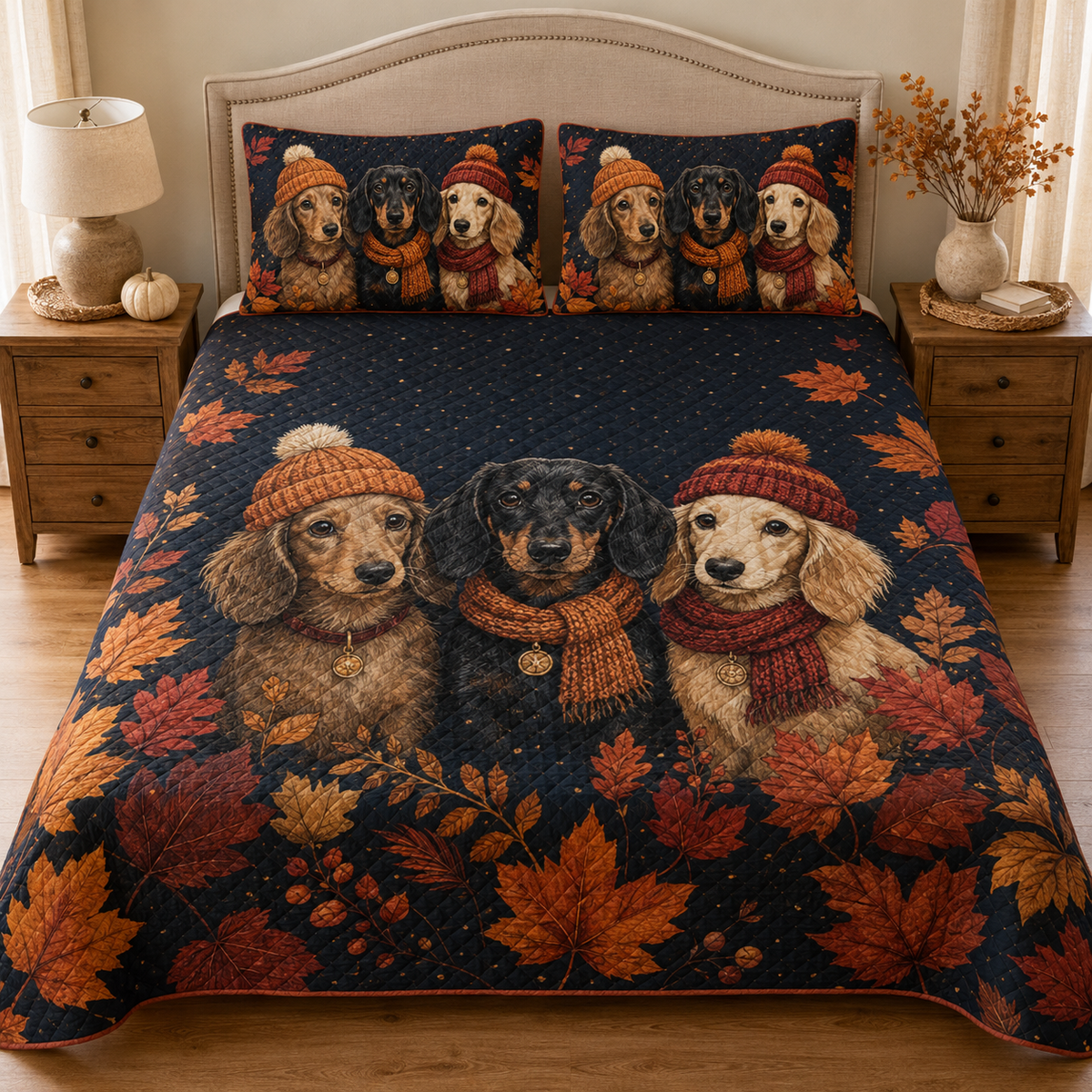 Autumn Dachshund Trio Leaves Quilt Set