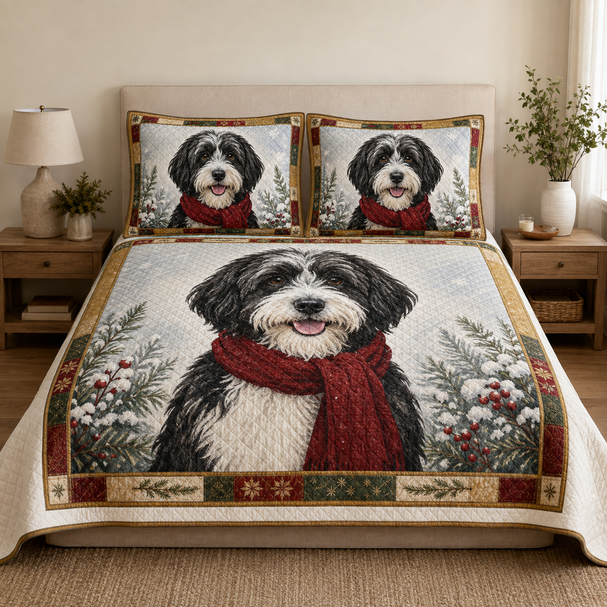 Sheepadoodle Christmas Quilt Bedding Set, Black & White Dog Winter Bedspread, Holiday Dog Quilt Set with 2 Pillow Shams