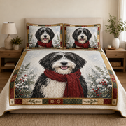 Sheepadoodle Christmas Quilt Bedding Set, Black & White Dog Winter Bedspread, Holiday Dog Quilt Set with 2 Pillow Shams
