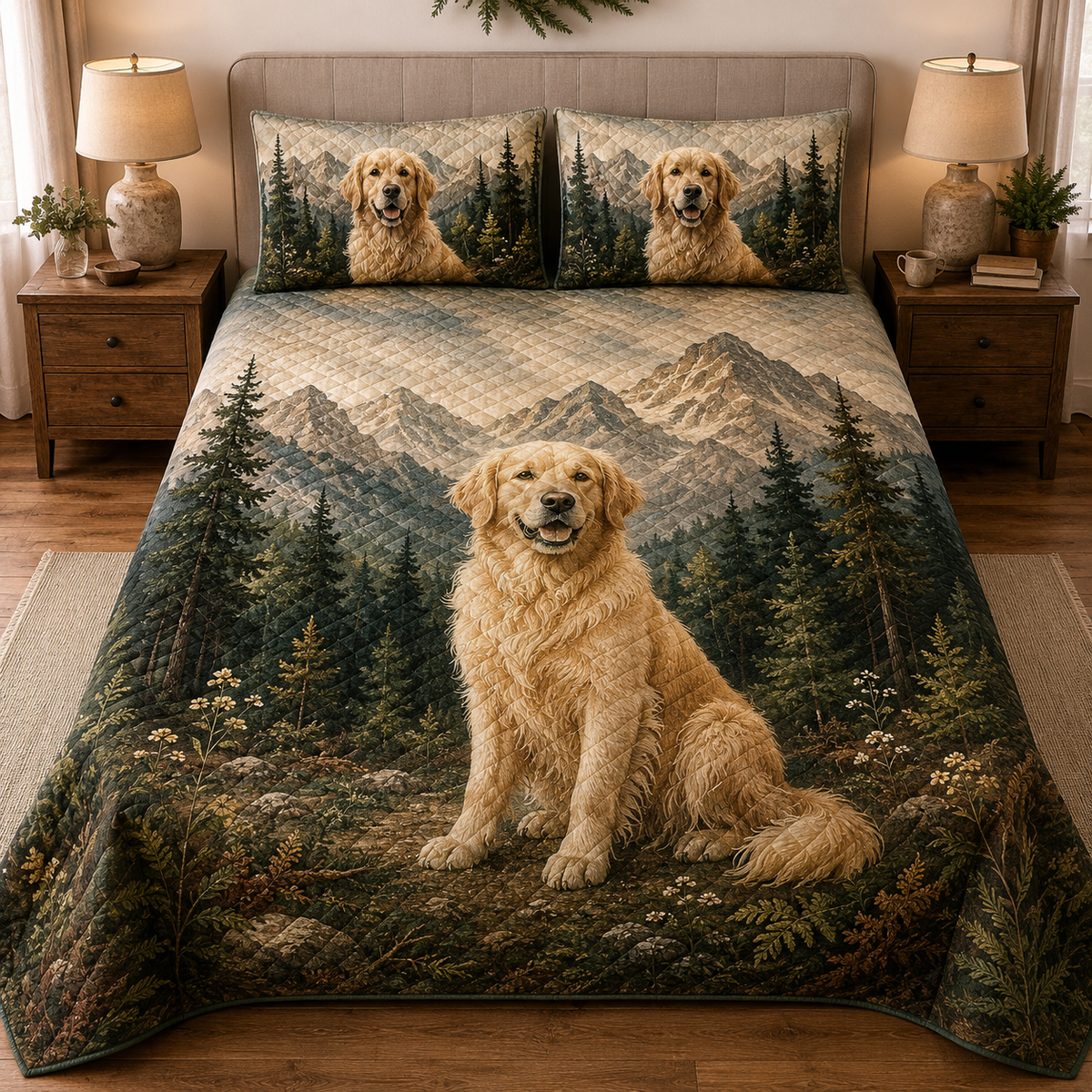 Golden Retriever Mountain Forest Quilt Set