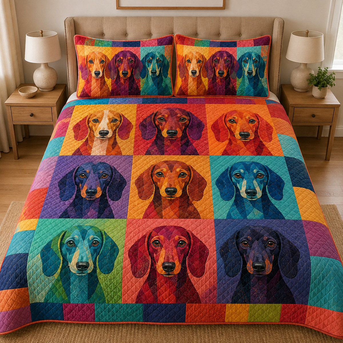Colorful Dachshund Quilt Set, Modern Dog Art