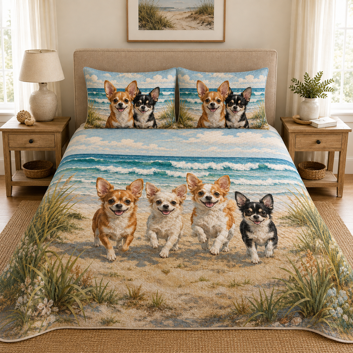 Chihuahua Puppies Running Beach Quilt Set