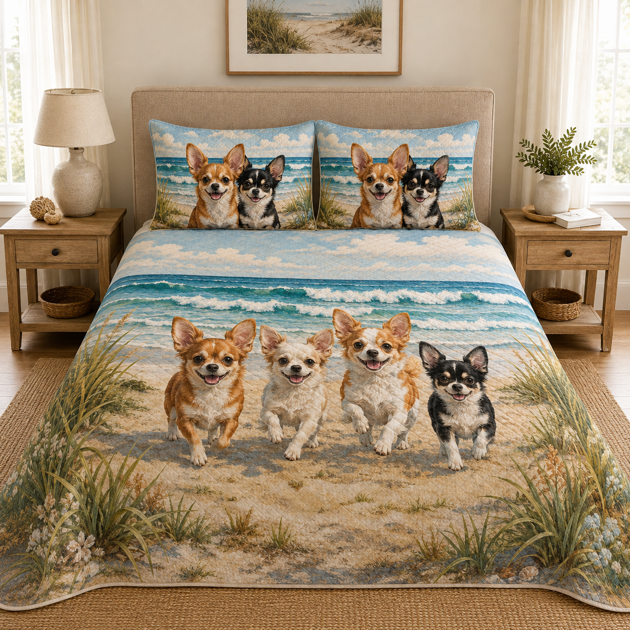 Chihuahua Puppies Running Beach Quilt Set