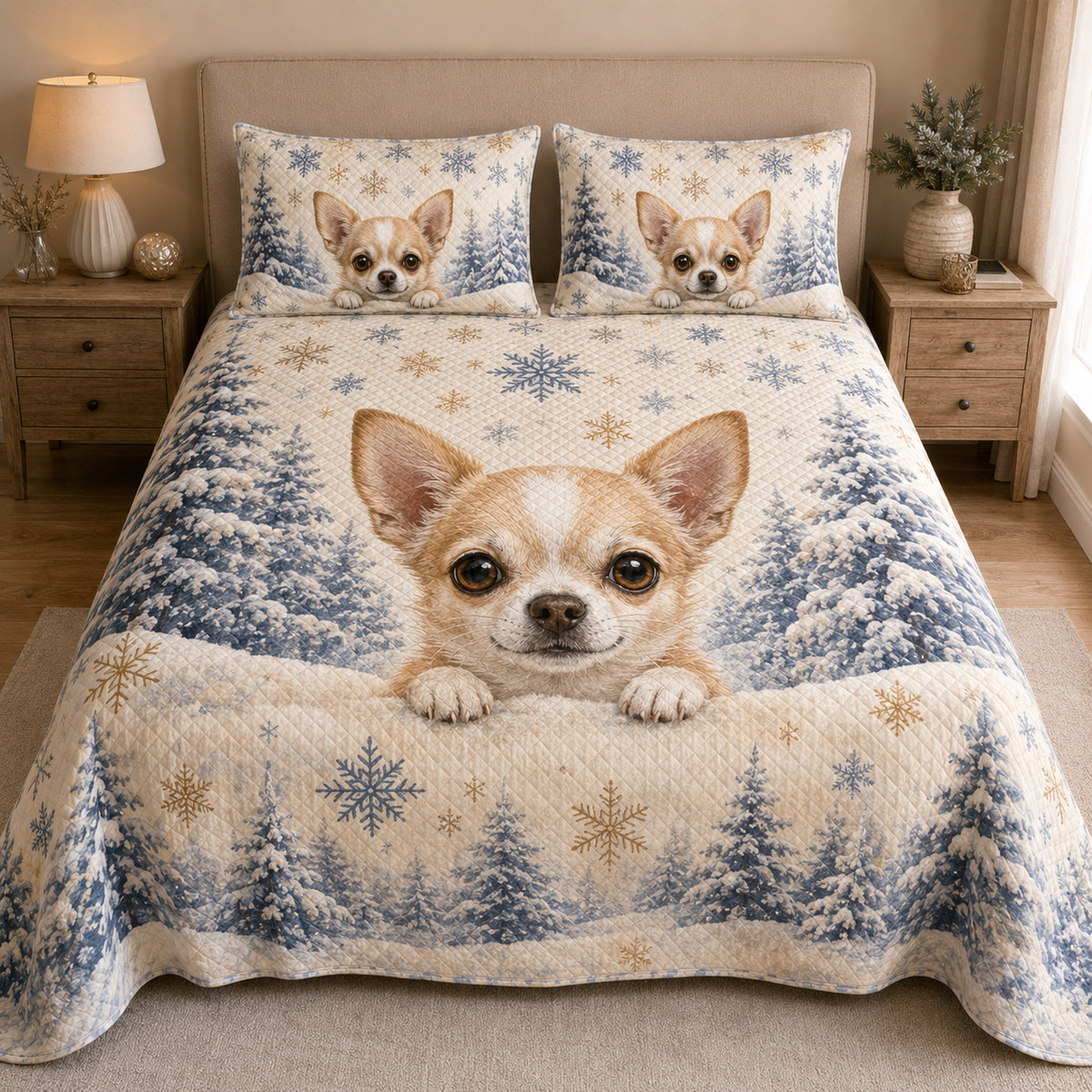 Winter Chihuahua Snowflake Forest Quilt Set