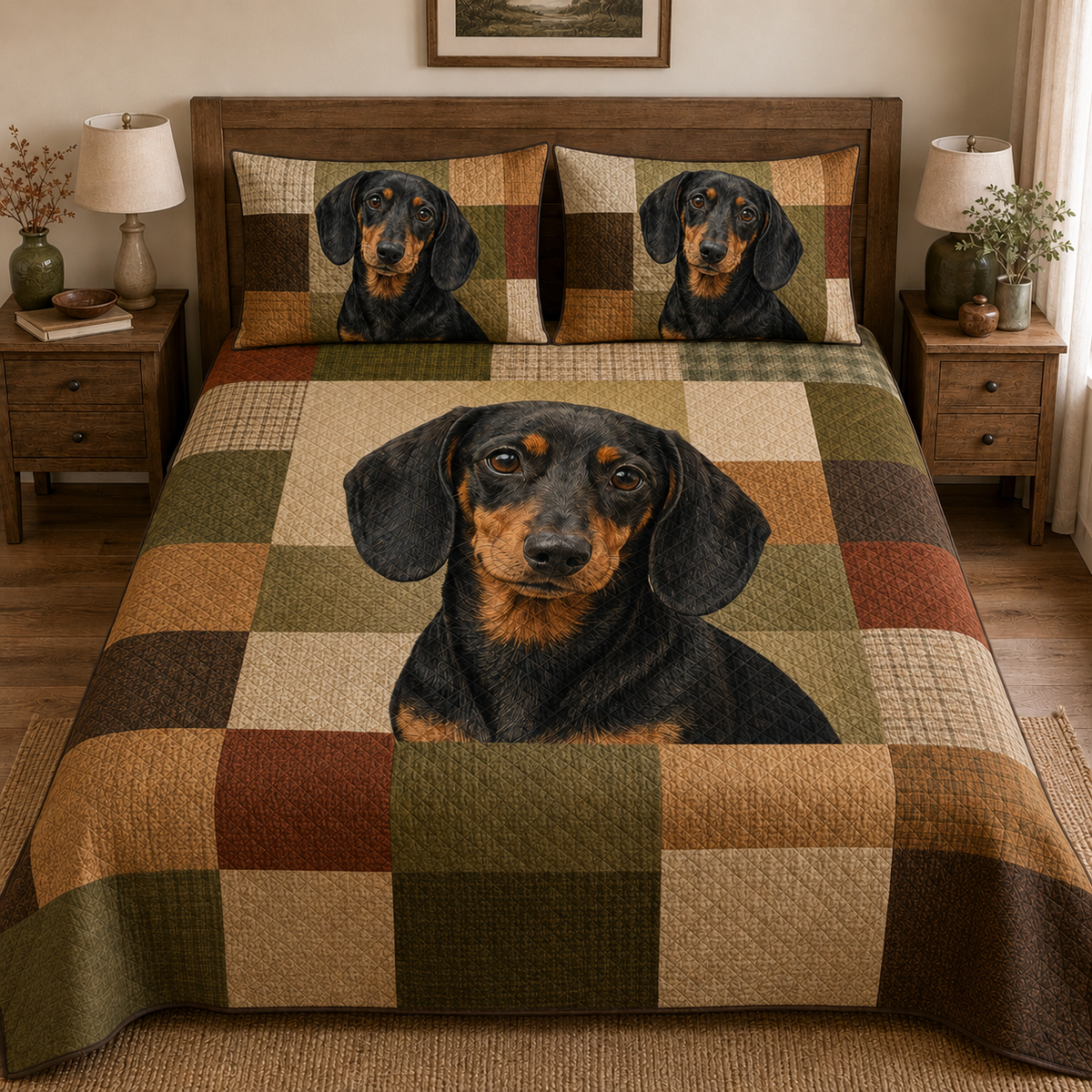 Dachshund Quilt Set, Black Tan Dog Bedspread