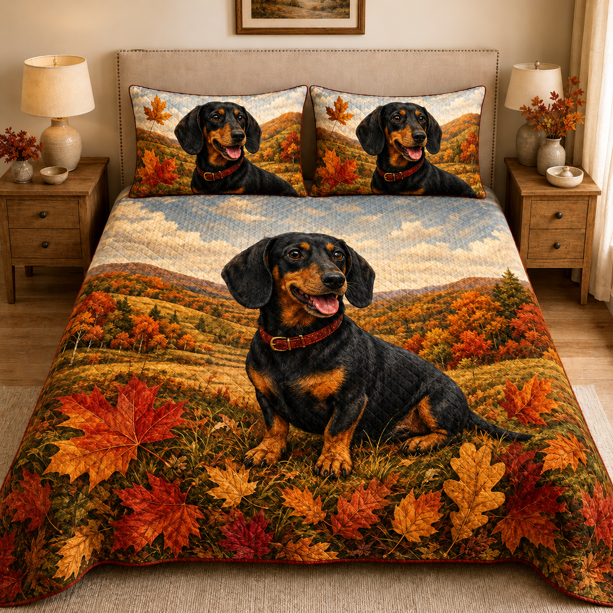 Autumn Dachshund Mountain Landscape Quilt Set