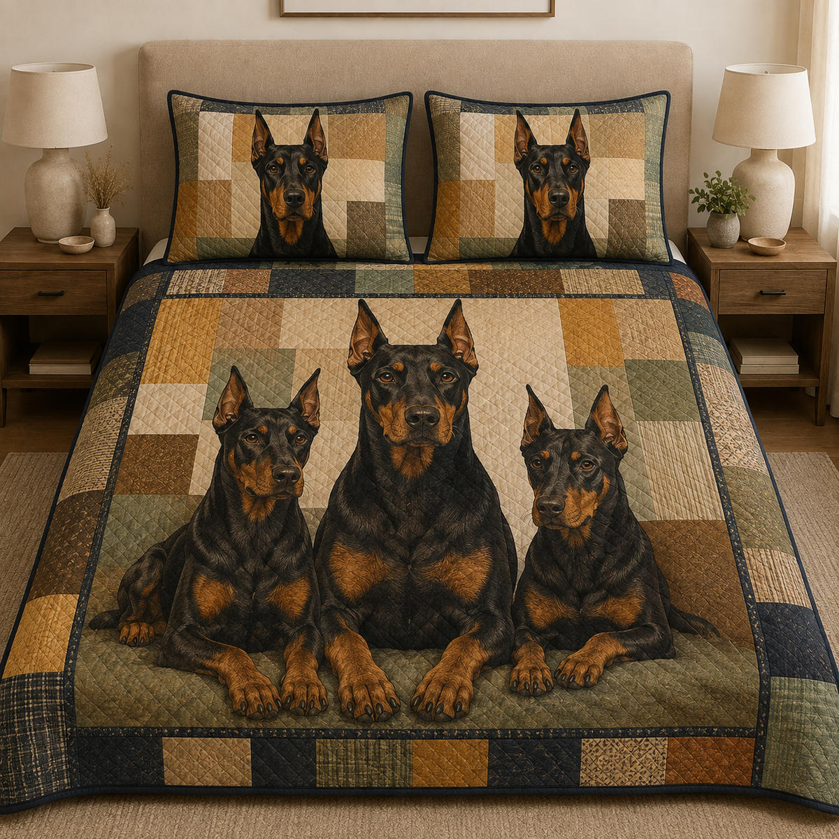Doberman Dog Quilt Bedding Set, Black & Tan Bedspread, 3 Piece Quilt Set with 2 Pillow Shams