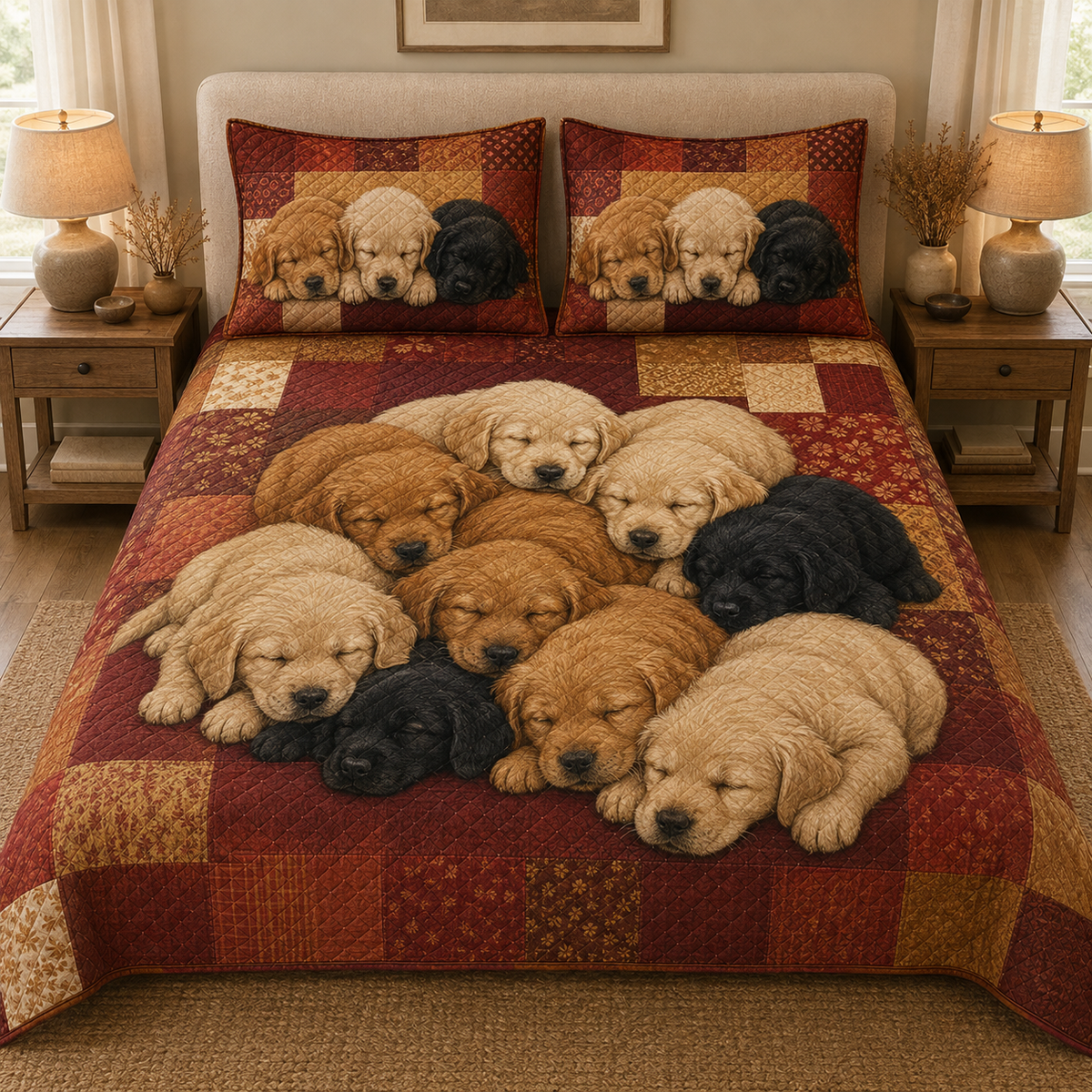 Golden Retriever Puppies Sleeping Quilt Set