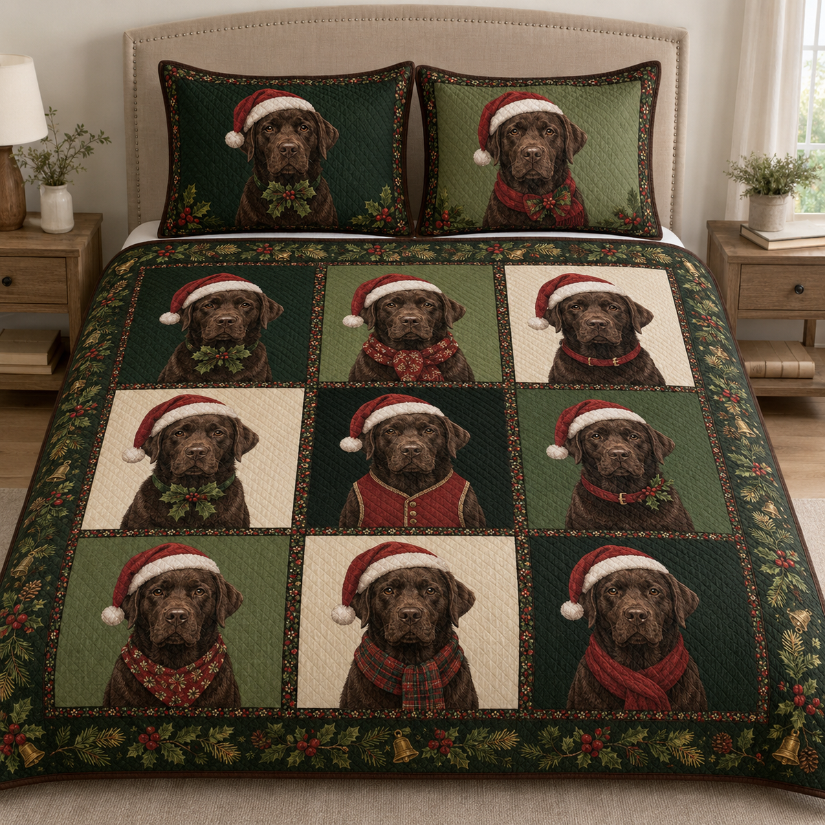 Chocolate Labrador Christmas Quilt Bedding Set, Lab Dog Holiday Bedspread, Christmas Plaid Winter Bedroom Decor