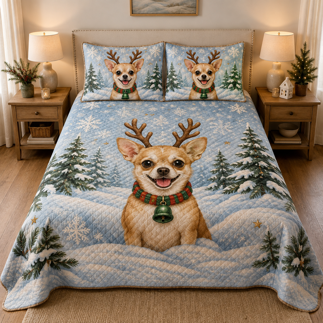 Christmas Chihuahua Reindeer Winter Quilt Set