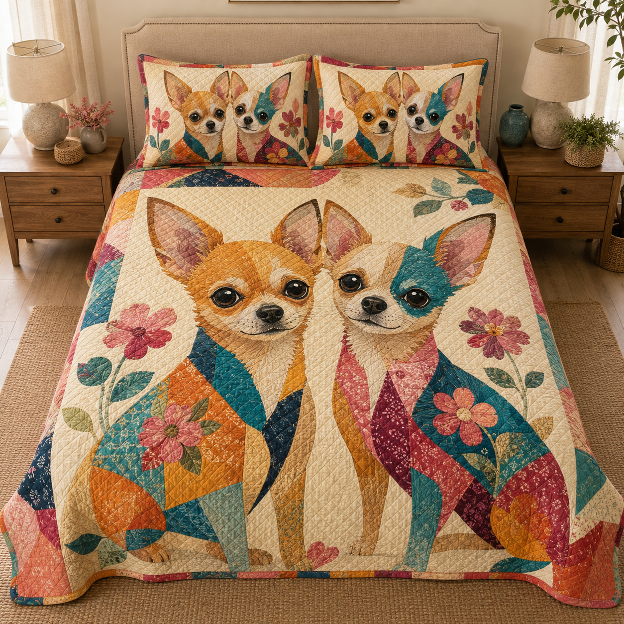 Colorful Chihuahua Couple Floral Quilt Set