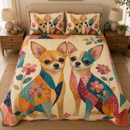 Colorful Chihuahua Couple Floral Quilt Set