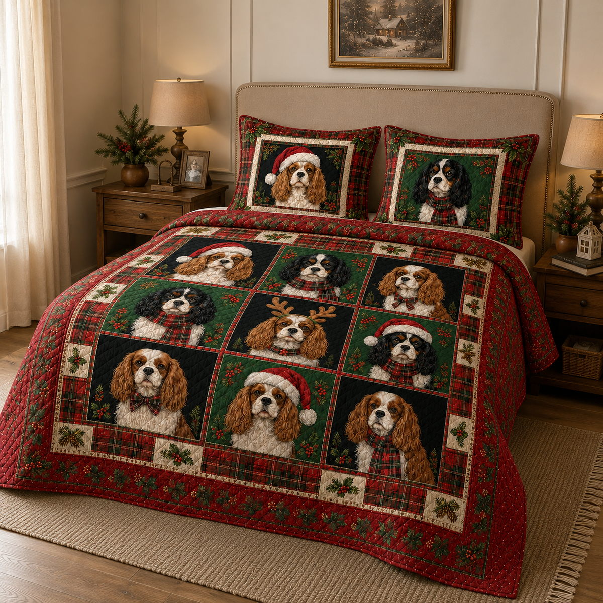Cavalier King Charles Spaniel Christmas Quilt Bedding Set, Christmas Dog Bedspread, Plaid Holiday Bedroom Decor