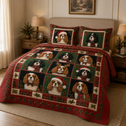 Cavalier King Charles Spaniel Christmas Quilt Bedding Set, Christmas Dog Bedspread, Plaid Holiday Bedroom Decor