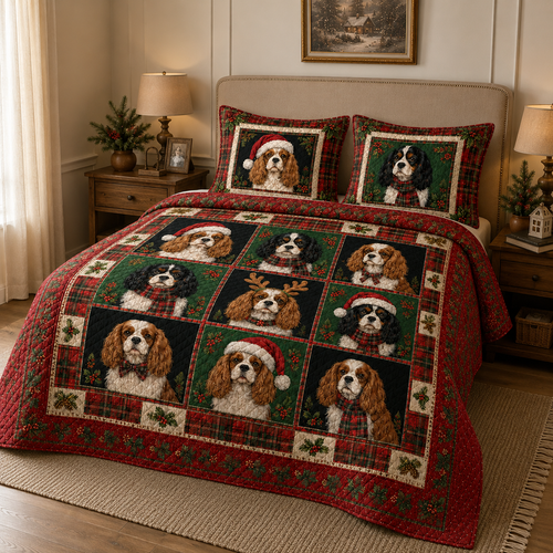 Cavalier King Charles Spaniel Christmas Quilt Bedding Set, Christmas Dog Bedspread, Plaid Holiday Bedroom Decor