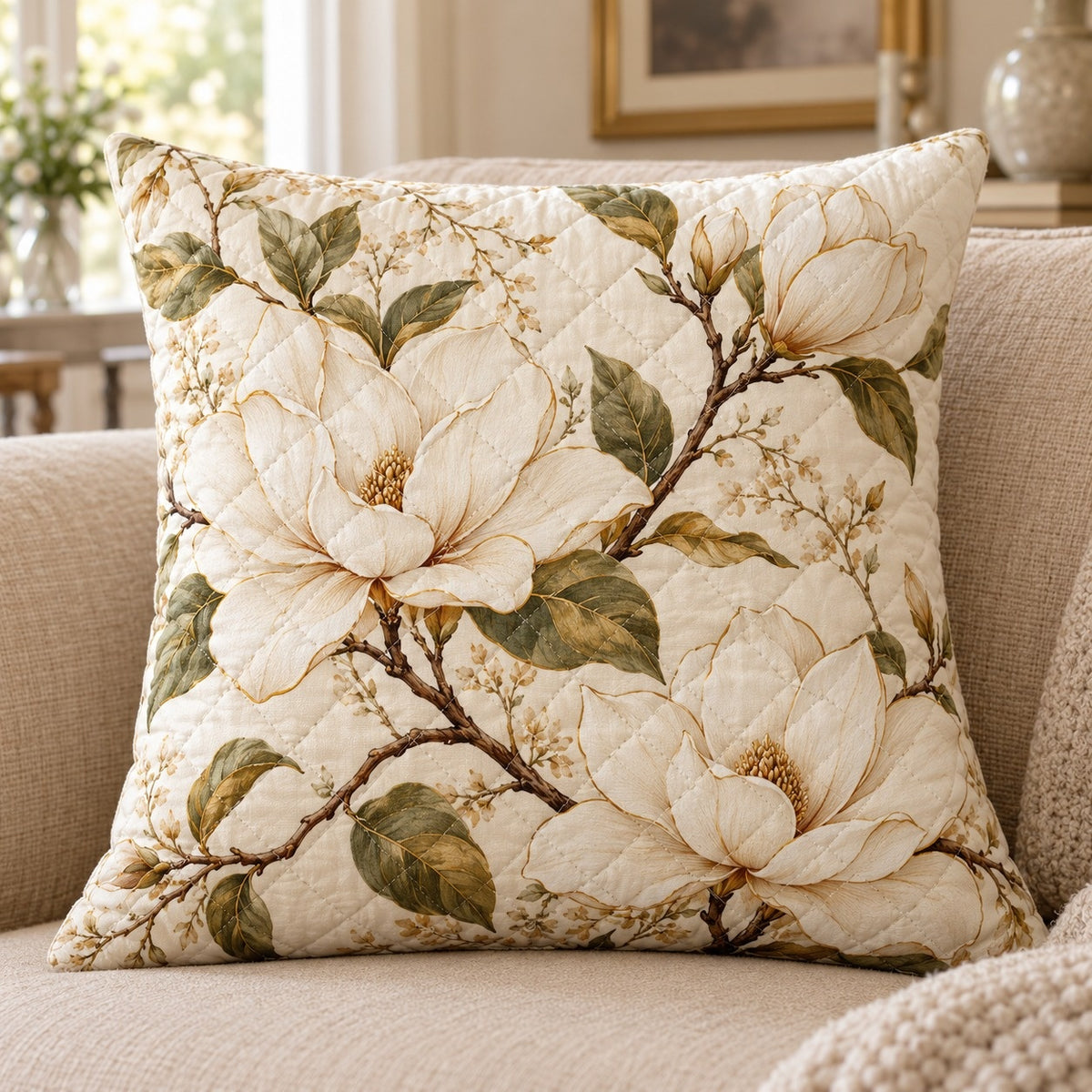 White magnolia quilted throw pillow, AI-generated styled mockup