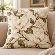 White magnolia quilted throw pillow, AI-generated styled mockup