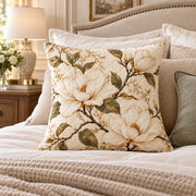 White magnolia quilted throw pillow, AI-generated styled mockup
