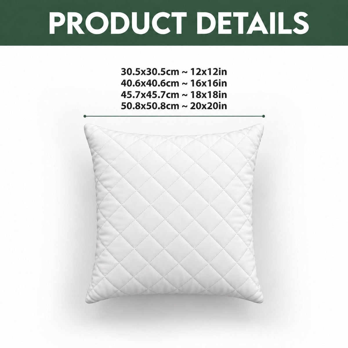 Quilted throw pillow size guide, 12, 16, 18 and 20 inches