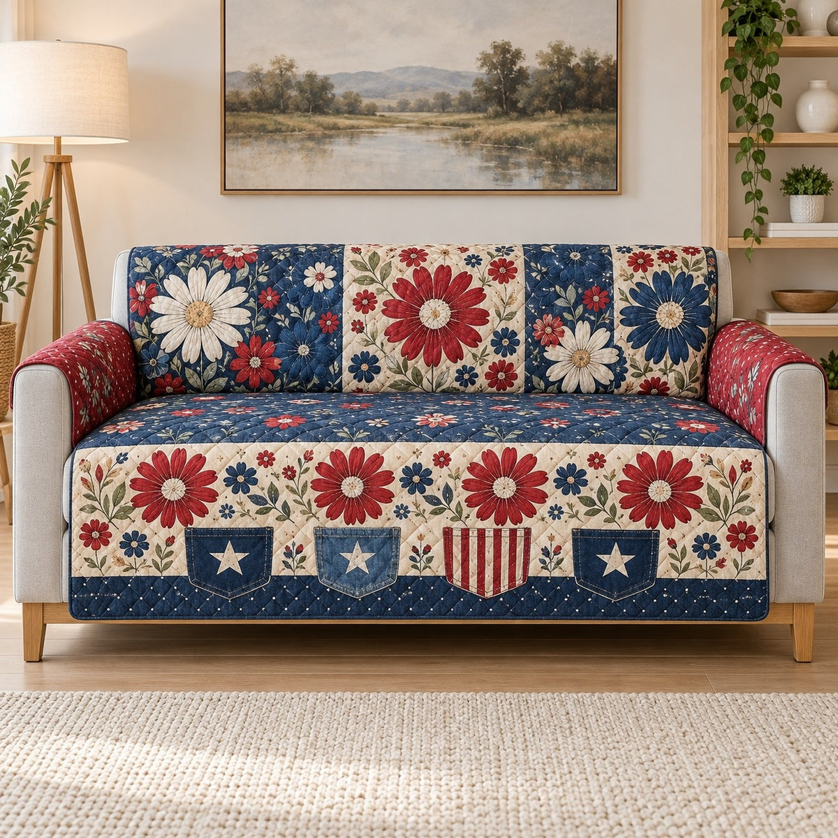 Red White Blue Floral Patchwork Sofa Cover, sofa mockup