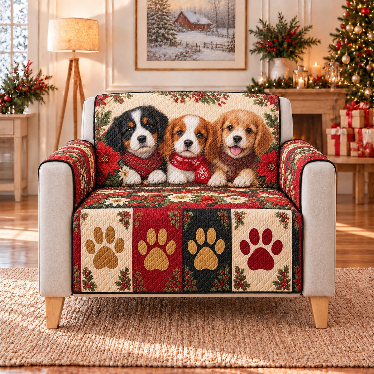 Christmas Dogs Paw Print Sofa Cover, AI-generated armchair mockup