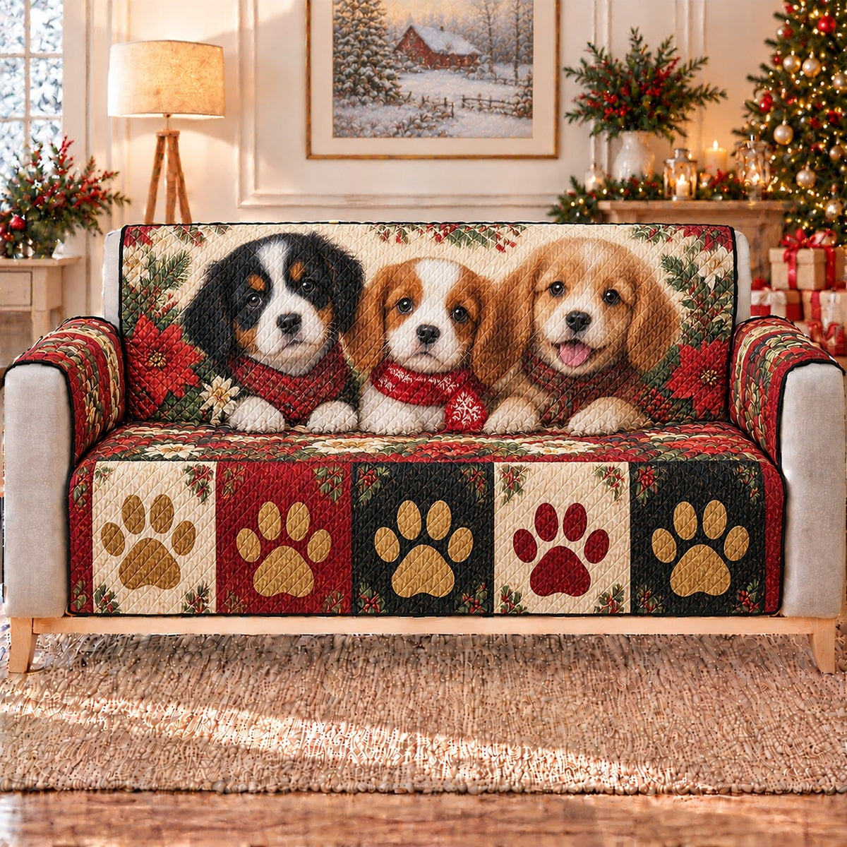 Christmas Dogs Paw Print Sofa Cover, sofa mockup