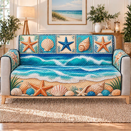 Ocean Waves Seashells Sofa Cover, Decorative Couch Protector, Gift for Beach Lovers