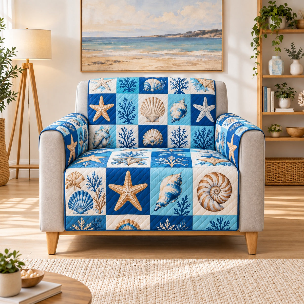 Blue Coastal Shell Patchwork Sofa Cover, AI-generated armchair mockup