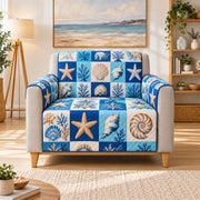 Blue Coastal Shell Patchwork Sofa Cover, AI-generated armchair mockup